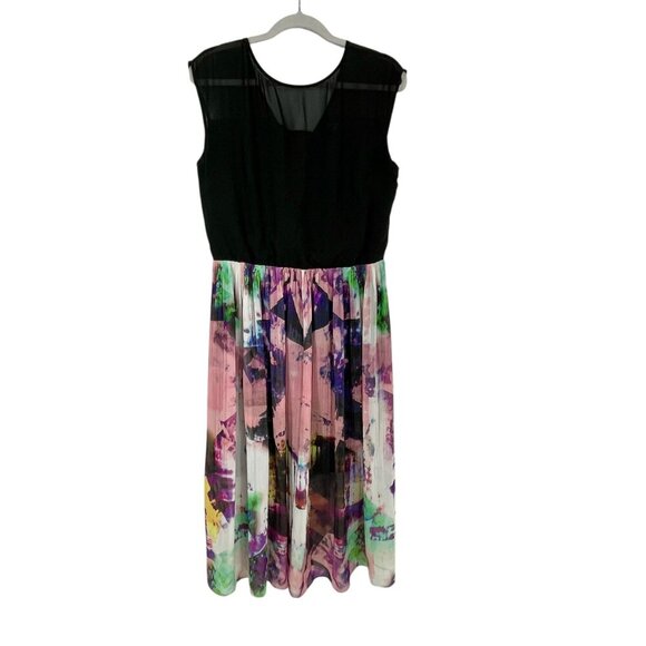 Warehouse Pleated Sleeveless Midi Dress Abstract Black Multi Size 10 Lined Sheer - Picture 10 of 10